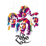 Imagem colorida com os integrantes da banda Led Zeppelin, apresentando os rostos de Robert Plant, Jimmy Page, John Paul Jones e John Bonham, com o símbolo "Zoso" abaixo. Ideal para fãs de rock e cultura musical.