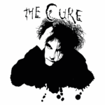 Imagem em silhueta de um cantor com visual gótico, representando a banda The Cure, com o nome da banda estilizado acima. Ideal para conteúdos sobre música alternativa e cultura pop dos anos 80.