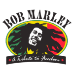 Logotipo de Bob Marley com seu retrato sorridente em preto, rodeado por cores vibrantes da bandeira da Jamaica, acompanhado da frase "A Tribute to Freedom".