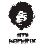 Ilustração estilizada de Jimi Hendrix, um ícone do rock, com cabelo volumoso em destaque e o nome "jimi hendrix" abaixo.