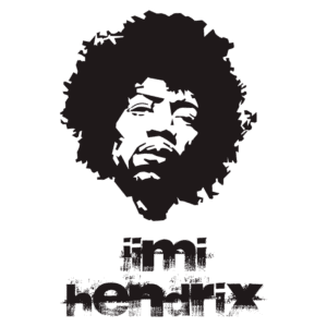 Ilustração estilizada de Jimi Hendrix, um ícone do rock, com cabelo volumoso em destaque e o nome "jimi hendrix" abaixo.