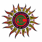 Logotipo da banda Alice in Chains, apresentando um design circular com elementos inspirados no sol, cores vibrantes como vermelho, amarelo e verde, e as iniciais "AIC" integradas ao visual.