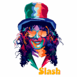 Ilustração colorida de Slash, famoso guitarrista, usando um chapéu estilizado e óculos, com um fundo verde vibrante. Desenho em estilo pop art destaca sua personalidade icônica.