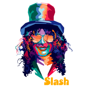 Ilustração colorida de Slash, famoso guitarrista, usando um chapéu estilizado e óculos, com um fundo verde vibrante. Desenho em estilo pop art destaca sua personalidade icônica.