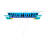Logotipo da banda de rock Van Halen, apresentando a estilização do nome em azul e preto, com um design gráfico dinâmico e elemento em forma de "V". Ideal para referências a clássicos do rock e cultura musical dos anos 80.