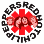 Logo da banda Red Hot Chili Peppers, apresentando os quatro integrantes em estilo ilustrativo, com fundo verde e símbolo em forma de estrela vermelha.