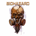 Imagem de um crânio estilizado com máscara de gás, decorado com elementos industriais, com o texto "BIOHAZARD" acima. A arte evoca temas de perigo biológico e apocalipse. Ideal para fãs de cultura pop e elementos de ficção científica.