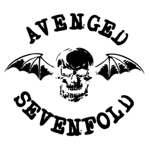 Logotipo da banda Avenged Sevenfold, apresentando um crânio estilizado com asas de morcego, enfatizando a estética do rock e metal.