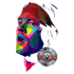 Ilustração colorida de um artista com vestimenta exótica, possivelmente inspirado por uma banda de rock, com o logotipo da banda Guns N' Roses ao fundo. A arte apresenta formas geométricas e um uso vibrante de cores.