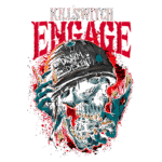 Arte da banda Killswitch Engage com um crânio estilizado usando um capacete, adornado com balas e elementos de design coloridos, acompanhada pela frase "Disarm the Descent". Ideal para fãs de metal e merchandise de bandas.