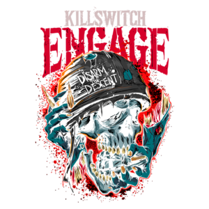 Arte da banda Killswitch Engage com um crânio estilizado usando um capacete, adornado com balas e elementos de design coloridos, acompanhada pela frase "Disarm the Descent". Ideal para fãs de metal e merchandise de bandas.