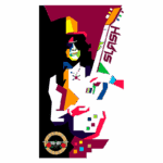 Imagem estilizada de Slash, guitarrista da banda Guns N' Roses, segurando uma guitarra. O design é abstrato e colorido, com formas geométricas vibrantes e o nome "Slash" visível. Logo da banda na parte inferior.