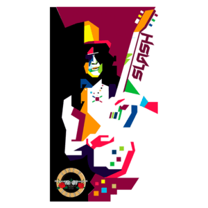 Imagem estilizada de Slash, guitarrista da banda Guns N' Roses, segurando uma guitarra. O design é abstrato e colorido, com formas geométricas vibrantes e o nome "Slash" visível. Logo da banda na parte inferior.