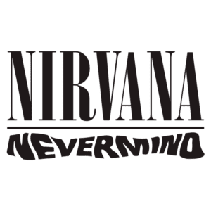 Logotipo da banda Nirvana, destacando o título do álbum "Nevermind" em estilo gráfico único. Ideal para fãs de rock e cultura grunge dos anos 90.