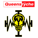 Logotipo da banda Queensrÿche, apresentando uma combinação de texto vermelho e uma imagem central de um crânio em amarelo com elementos gráficos que representam batimentos cardíacos e levantamento de peso. Ideal para fãs de rock e heavy metal.