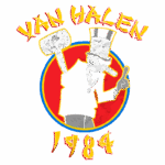 Arte gráfica do logo da banda Van Halen, com ênfase no ano 1984. A imagem apresenta um personagem de cartola segurando um martelo, em um fundo vermelho com detalhes coloridos, refletindo o estilo vibrante do rock. Ideal para fãs de música e cultura pop dos anos 80.