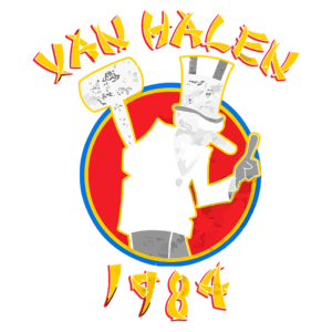 Arte gráfica do logo da banda Van Halen, com ênfase no ano 1984. A imagem apresenta um personagem de cartola segurando um martelo, em um fundo vermelho com detalhes coloridos, refletindo o estilo vibrante do rock. Ideal para fãs de música e cultura pop dos anos 80.