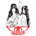 Ilustração estilizada da banda Aerosmith, destacando os membros com traços caricaturais. O logo da banda em vermelho aparece na parte inferior da imagem, complementando o design. Ideal para fãs de rock e colecionadores de memorabilia musical.