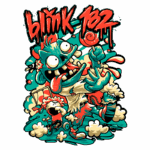Ilustração colorida e divertida do grupo Blink-182, apresentando um personagem com aparência de zumbi e elementos gráficos vibrantes, como explosões de cores e personagens caricaturados. Ideal para fãs de música pop punk e cultura jovem.