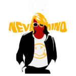 Ilustração estilizada de um cantor com óculos escuros, vestindo uma jaqueta preta e uma camiseta com o famoso sorriso da banda Nirvana. O nome da banda e o título "Nevermind" estão destacados em amarelo, remetendo ao icônico álbum dos anos 90.