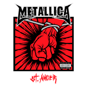 Capa do álbum "St. Anger" da banda Metallica, apresentando um punho cerrado em fundo vermelho e gráficos explosivos, destacando o título em estilo agressivo e marcante.
