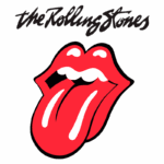 Logotipo icônico da banda The Rolling Stones, apresentando uma boca aberta com uma grande língua vermelha e o nome da banda em cima.