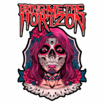 Arte inspirada em "Bring Me The Horizon", apresentando uma figura feminina com maquiagem de caveira, detalhes florais em tons de rosa e azul, e um fundo adornado. Ideal para fãs de rock e cultura alternativa.
