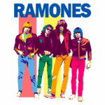 Imagem estilizada da banda Ramones, mostrando os quatro integrantes em roupas coloridas e uma paleta vibrante ao fundo. O nome "RAMONES" aparece em destaque na parte superior. Ideal para fãs de rock e cultura pop.