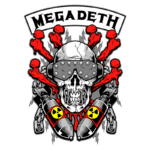 Logotipo da banda Megadeth com um crânio usando óculos escuros, cercado por explosões vermelhas e munições nucleares, simbolizando a estética do heavy metal.