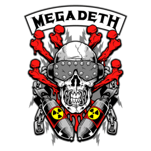 Logotipo da banda Megadeth com um crânio usando óculos escuros, cercado por explosões vermelhas e munições nucleares, simbolizando a estética do heavy metal.