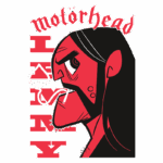 Ilustração do vocalista Lemmy Kilmister da banda Motörhead, com um estilo gráfico em tons de vermelho e preto, apresentando o nome "Lemmy" em letras grandes ao lado.