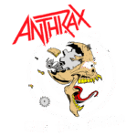 Imagem da banda de heavy metal Anthrax, apresentando o logotipo da banda em vermelho e uma ilustração estilizada de uma cabeça grotesca, com elementos mecânicos, acompanhado pelo título "Got the Time" em uma fonte ousada. O fundo apresenta um padrão de espiral em círculos.