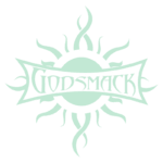 Logotipo da banda Godsmack, apresentando um design estilizado com uma esfera central e elementos de chama ao redor, representando seu estilo de rock alternativo.