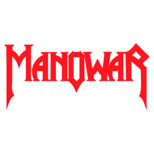 Logo da banda de heavy metal Manowar em vermelho sobre fundo verde, emblemática e reconhecível no cenário musical.