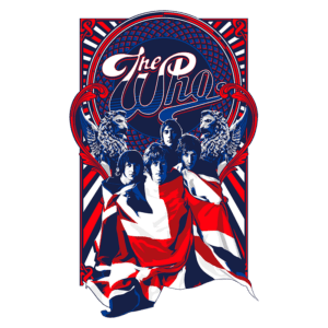 Imagem estilizada da banda britânica The Who, apresentando os membros envolvidos em uma composição artística com fundo vermelho e azul. Eles estão envoltos em uma bandeira do Reino Unido, com leões e detalhes gráficos ao fundo, destacando o estilo rock and roll da banda.