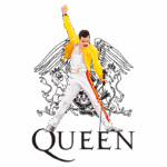 Freddie Mercury da banda Queen em uma ilustração vibrante, usando uma jaqueta amarela e posando com uma micstand, com o logotipo da banda em destaque ao fundo.