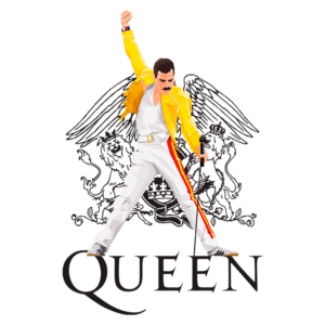 Freddie Mercury da banda Queen em uma ilustração vibrante, usando uma jaqueta amarela e posando com uma micstand, com o logotipo da banda em destaque ao fundo.