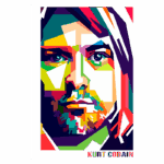Retrato estilizado em arte pop de Kurt Cobain, com cores vibrantes e formas geométricas, destacando os olhos e o cabelo do icônico músico.