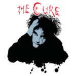 Ilustração da banda The Cure, destacando um membro com cabelos bagunçados e expressão intensa, em um fundo preto com detalhes em azul. O nome da banda está escrito em vermelho acima da figura, refletindo seu estilo gótico e icônico.