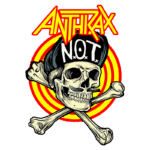 Imagem do logotipo da banda Anthrax, apresentando um crânio estilizado usando um chapéu de pirata, com duas patas de osso cruzadas abaixo, e o texto "N.O.T." em destaque. O fundo apresenta um padrão de círculos em vermelho e amarelo, evocando uma estética vibrante e enérgica.