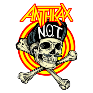 Imagem do logotipo da banda Anthrax, apresentando um crânio estilizado usando um chapéu de pirata, com duas patas de osso cruzadas abaixo, e o texto "N.O.T." em destaque. O fundo apresenta um padrão de círculos em vermelho e amarelo, evocando uma estética vibrante e enérgica.
