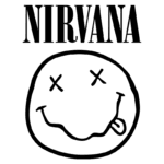 Logo da banda Nirvana com um rosto sorridente estilizado, caracterizado por olhos em formato de X e língua para fora, representando o estilo grunge dos anos 90.
