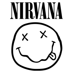 Logo da banda Nirvana com um rosto sorridente estilizado, caracterizado por olhos em formato de X e língua para fora, representando o estilo grunge dos anos 90.