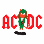 Ilustração divertida do personagem icônico da banda AC/DC, vestido com um traje verde e gravata listrada, com chifres e expressões faciais marcantes. O fundo apresenta o logotipo da banda em destaque, com as letras "AC/DC" em vermelho.