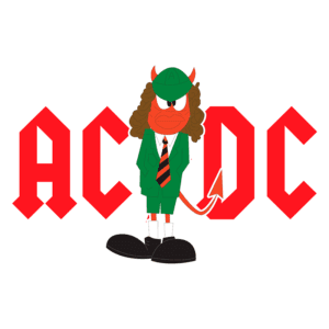 Ilustração divertida do personagem icônico da banda AC/DC, vestido com um traje verde e gravata listrada, com chifres e expressões faciais marcantes. O fundo apresenta o logotipo da banda em destaque, com as letras "AC/DC" em vermelho.