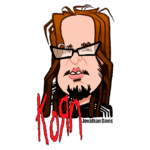 Ilustração caricaturesca de Jonathan Davis, vocalista da banda Korn, com cabelo longo e óculos, acompanhada do nome da banda em destaque.