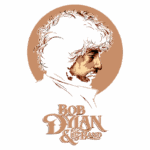 Ilustração de Bob Dylan em perfil, com cabelo ondulado, destacando o nome "Bob Dylan & His Band" em estilo artístico. Ideal para fãs de música e cultura pop.