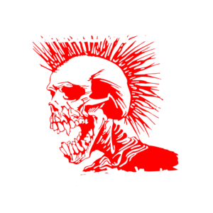 Ilustração da banda punk The Exploited, destacando um crânio com moicano vermelho, acompanhada da frase "Let’s start a war...", em um fundo com arame farpado, refletindo a essência provocativa e rebelde do estilo punk.