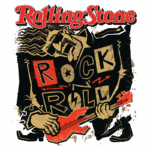 Ilustração do logo da revista Rolling Stone com o tema "Rock and Roll", apresentando um músico tocando guitarra elétrica. O design apresenta elementos gráficos vibrantes e uma estética retrô, refletindo a energia e a cultura do rock.