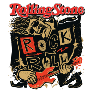 Ilustração do logo da revista Rolling Stone com o tema "Rock and Roll", apresentando um músico tocando guitarra elétrica. O design apresenta elementos gráficos vibrantes e uma estética retrô, refletindo a energia e a cultura do rock.